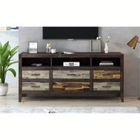 Retro Distressed Wooden TV Stand – Fits TVs Up To 65" With 6 Drawers