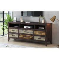 Retro Distressed Wooden TV Stand – Fits TVs Up To 65" With 6 Drawers