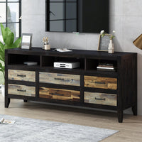 Retro Distressed Wooden TV Stand – Fits TVs Up To 65" With 6 Drawers