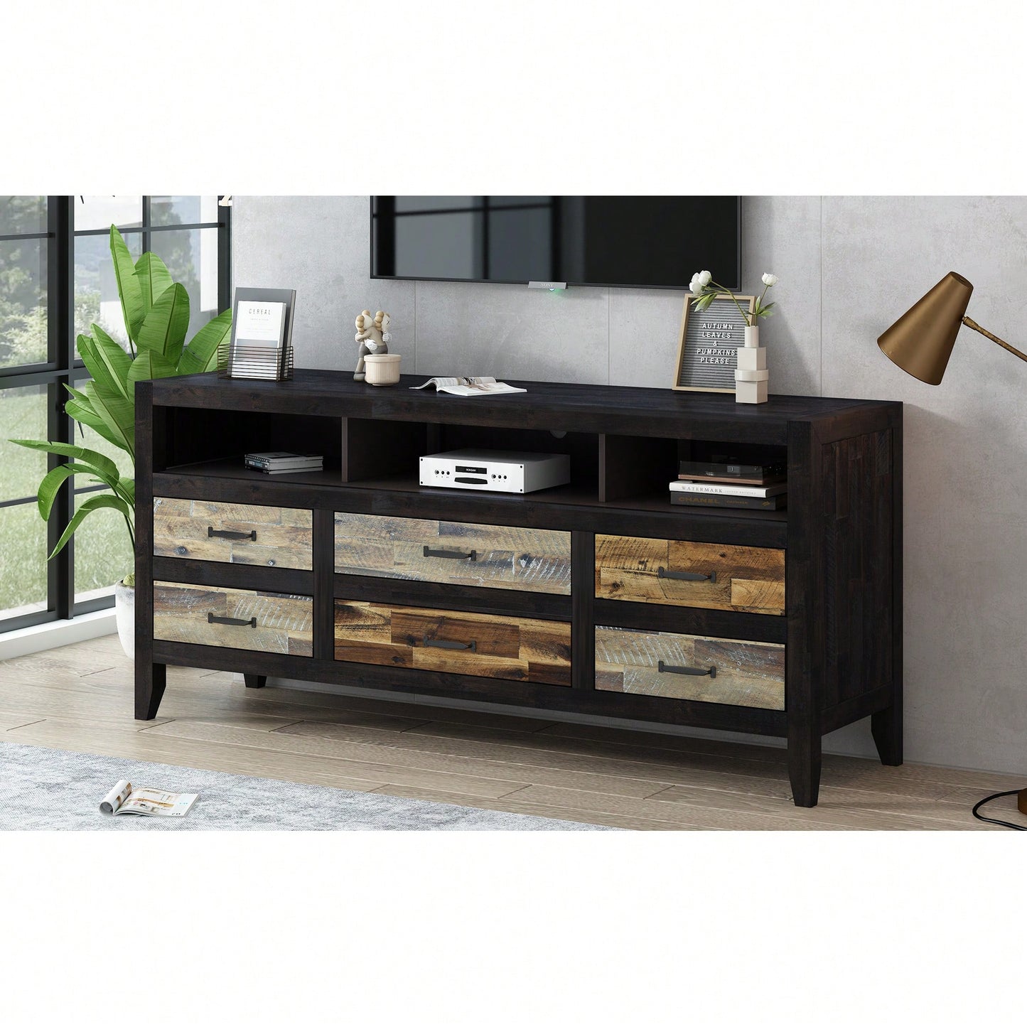 Retro Distressed Wooden TV Stand – Fits TVs Up To 65" With 6 Drawers