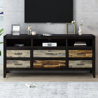 Retro Distressed Wooden TV Stand – Fits TVs Up To 65" With 6 Drawers