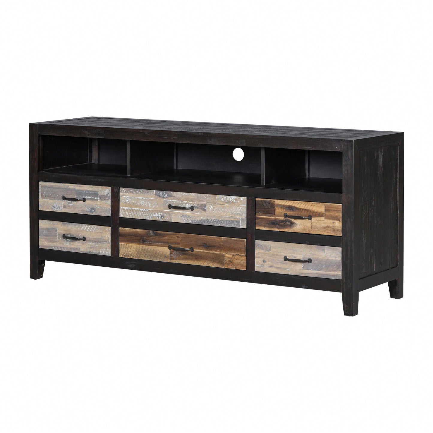 Retro Distressed Wooden TV Stand – Fits TVs Up To 65" With 6 Drawers