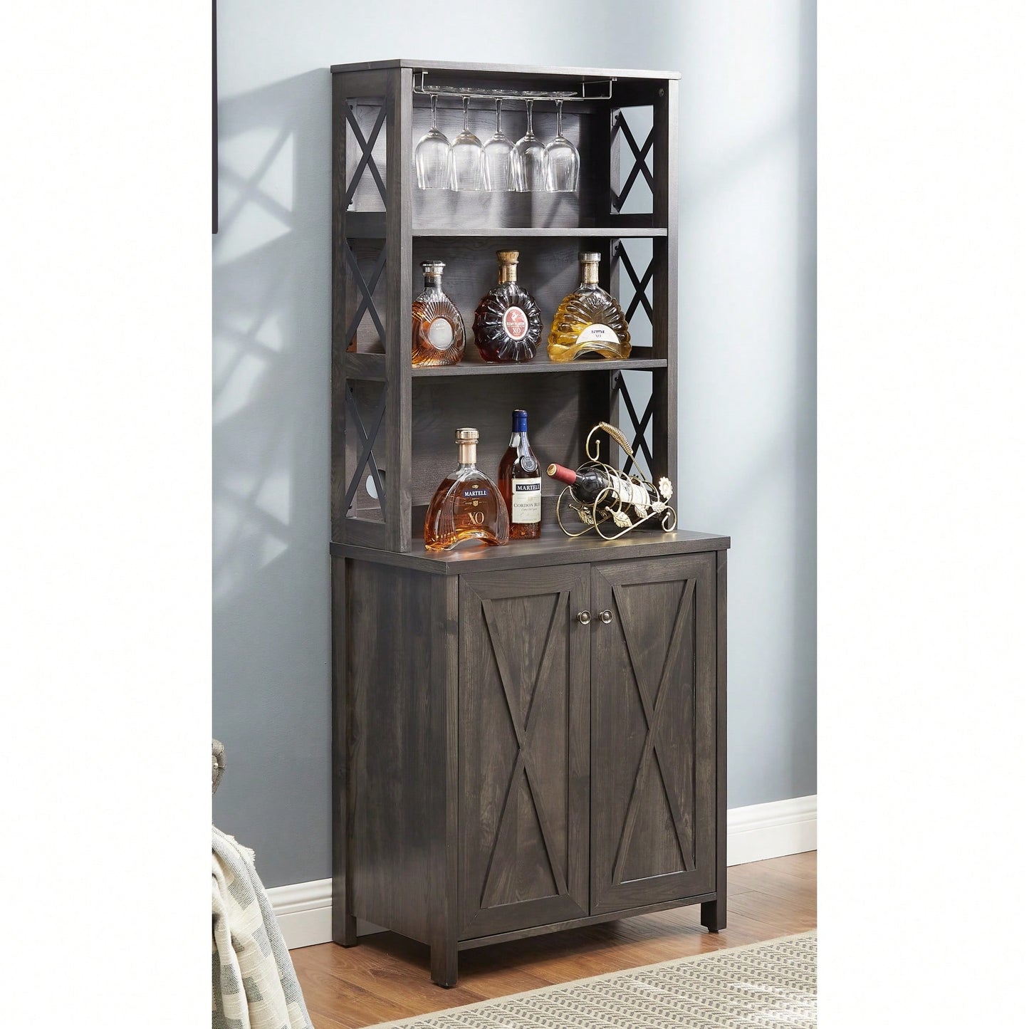 Wood Frame Kitchen Cabinet With Stemware Hanger – Elegant Bar Cabinet