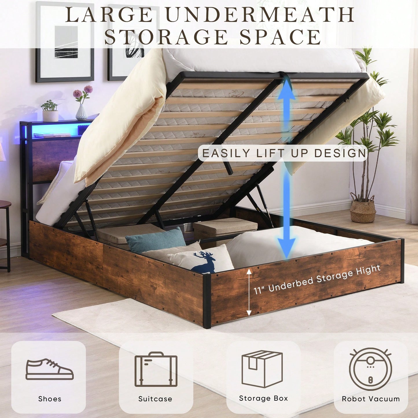 Space-Saving Full Bed Frame With Charging Station And LED Lighting – Modern Rustic Design