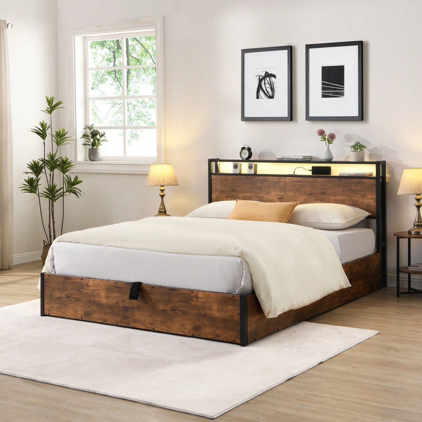 Space-Saving Full Bed Frame With Charging Station And LED Lighting – Modern Rustic Design