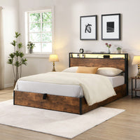 Space-Saving Full Bed Frame With Charging Station And LED Lighting – Modern Rustic Design