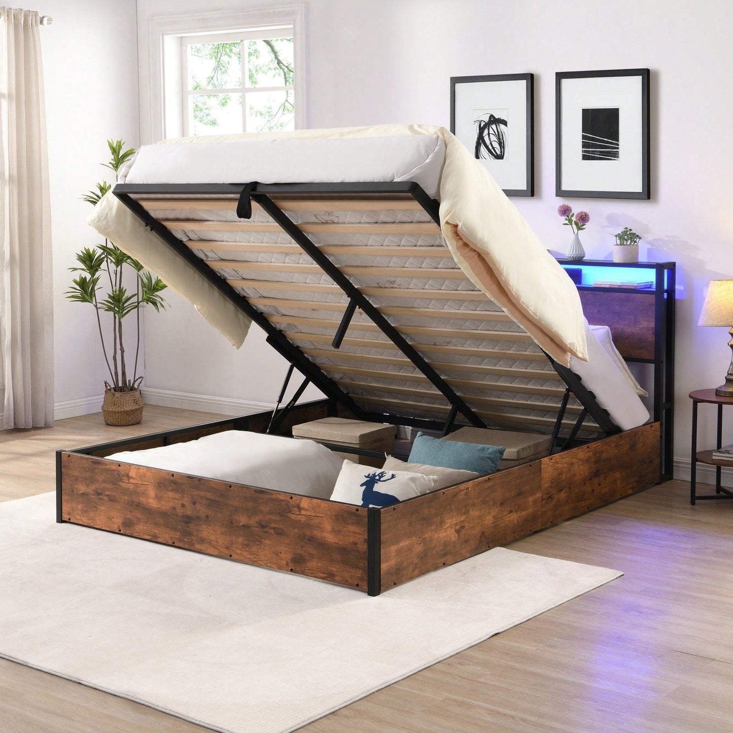 Space-Saving Full Bed Frame With Charging Station And LED Lighting – Modern Rustic Design