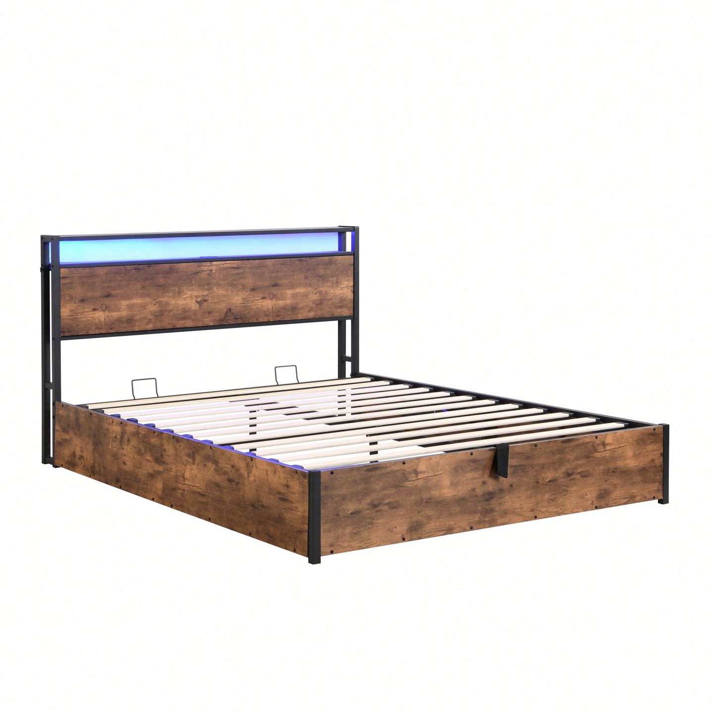 Space-Saving Full Bed Frame With Charging Station And LED Lighting – Modern Rustic Design