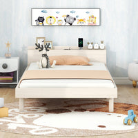 Modern Twin Size Platform Bed Frame With Built-In USB Ports – White Washed Finish