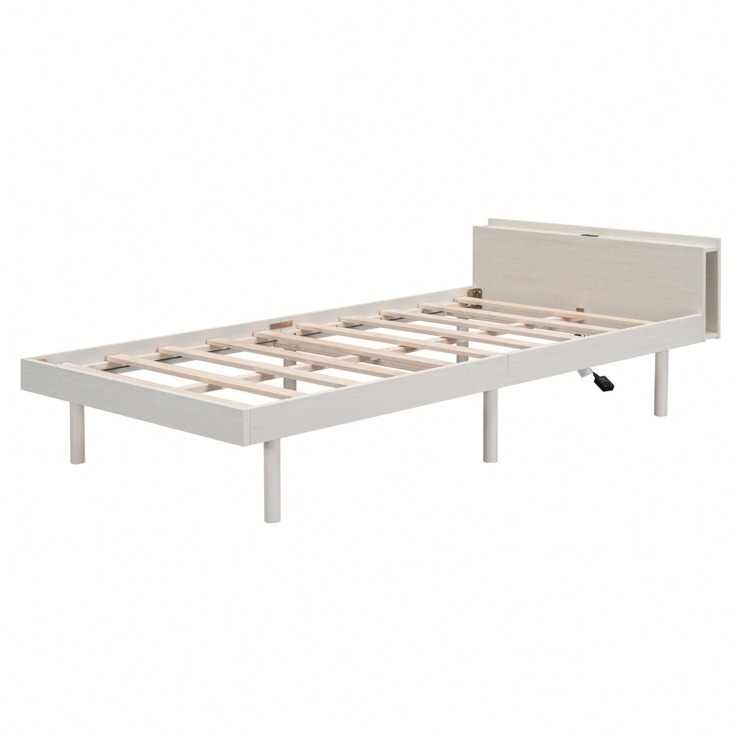 Modern Twin Size Platform Bed Frame With Built-In USB Ports – White Washed Finish