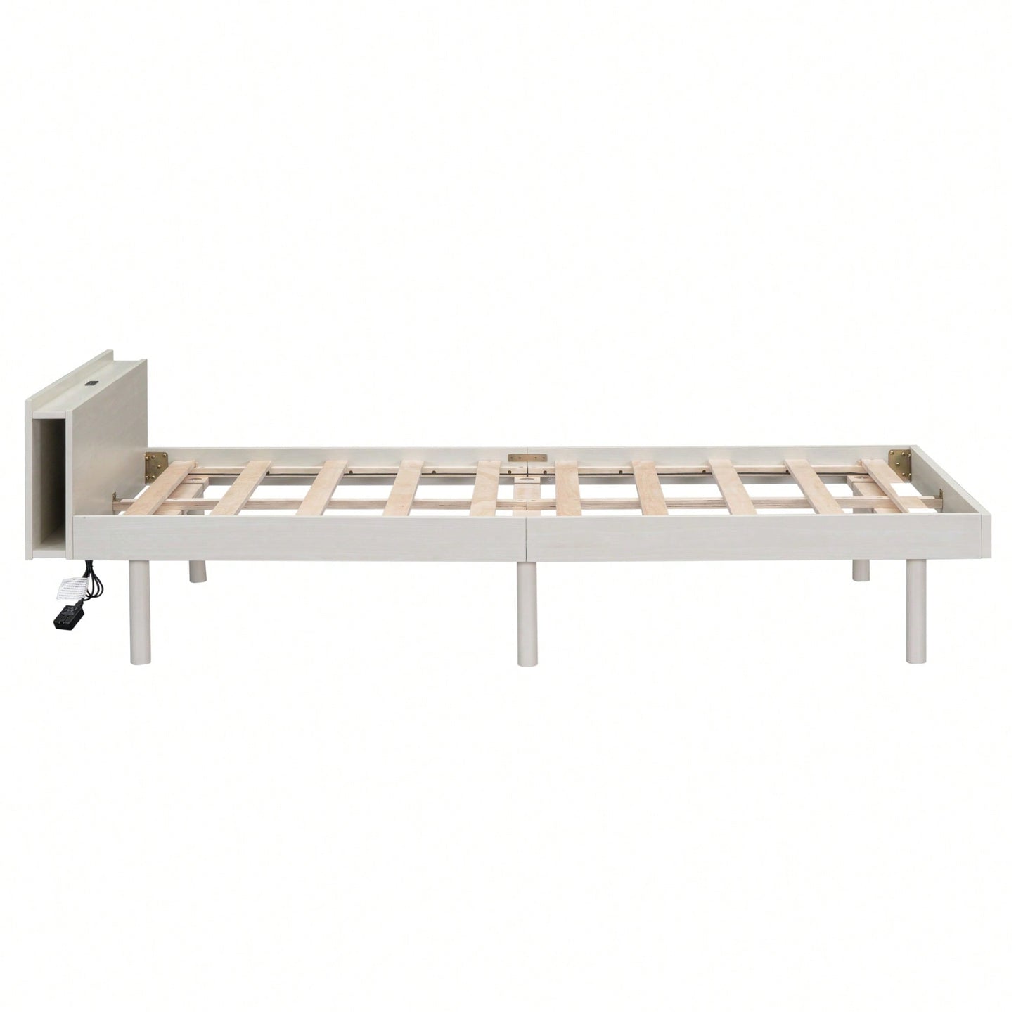 Modern Twin Size Platform Bed Frame With Built-In USB Ports – White Washed Finish