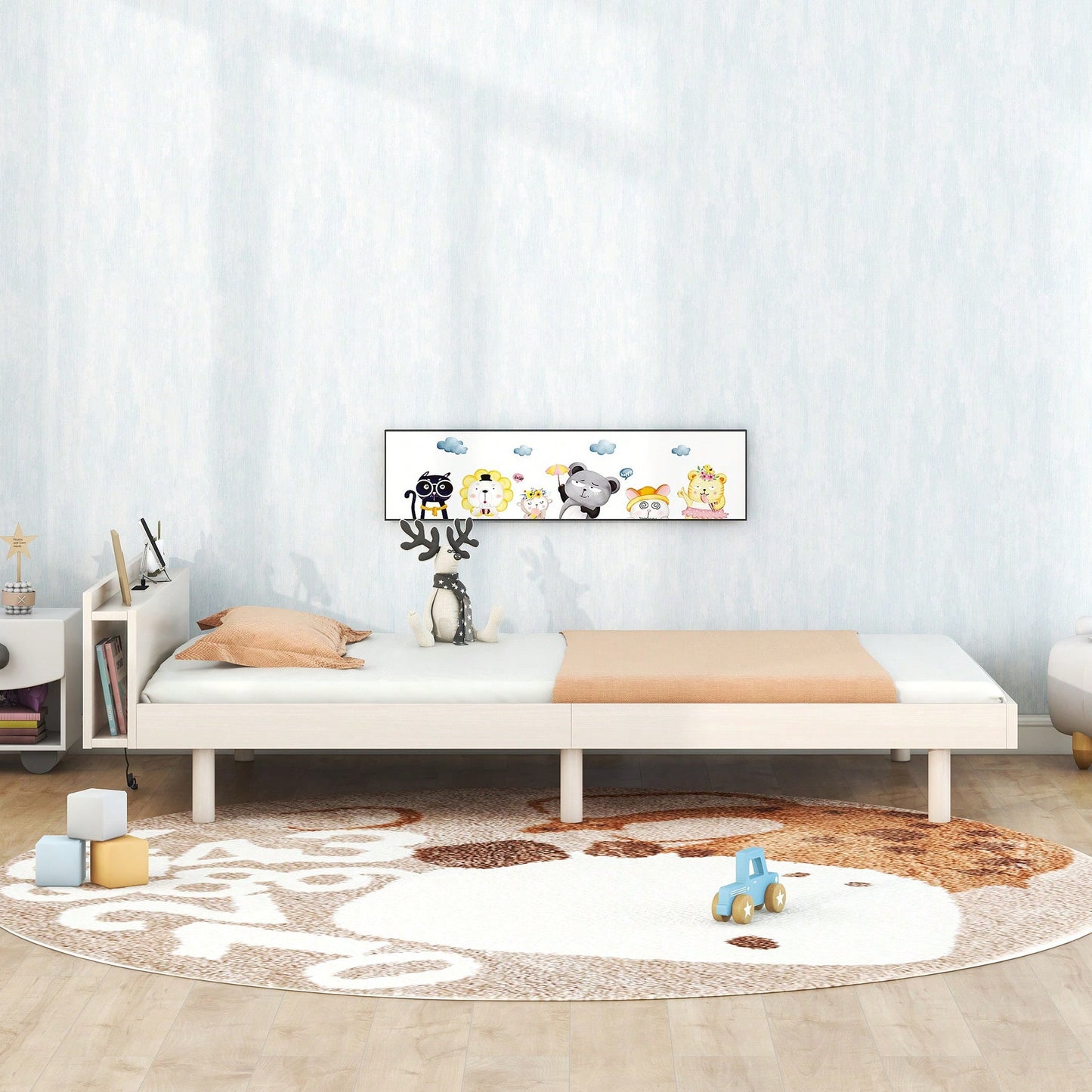 Modern Twin Size Platform Bed Frame With Built-In USB Ports – White Washed Finish