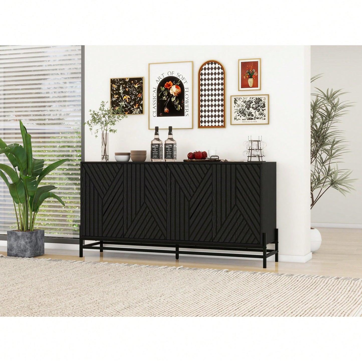 Carved 4-Door Sideboard Buffet Cabinet With Adjustable Shelves – Stylish Storage Solution