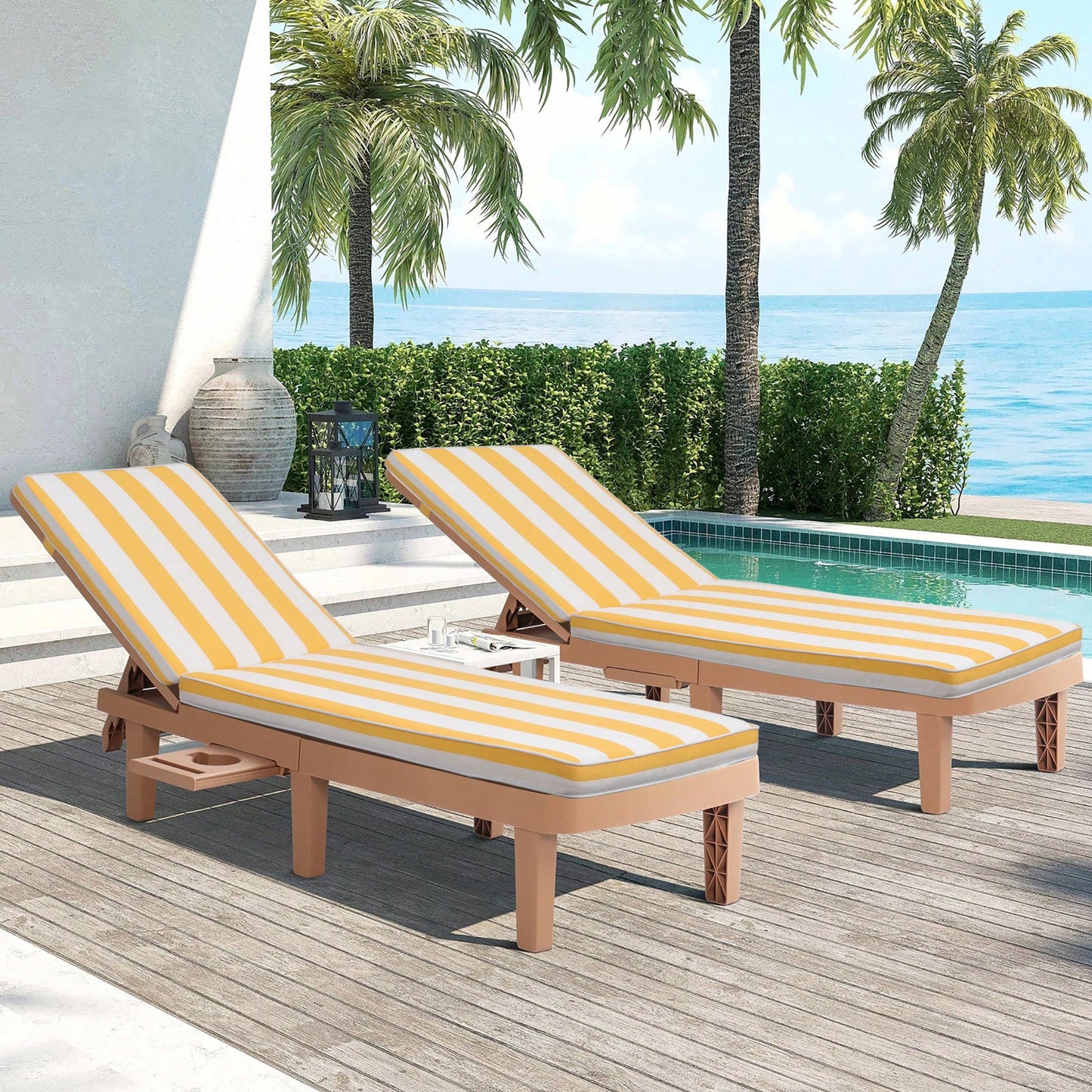 Sunshine Yellow and White Outdoor Lounge Chair Cushions 2-Piece Set for Chaise Lounges