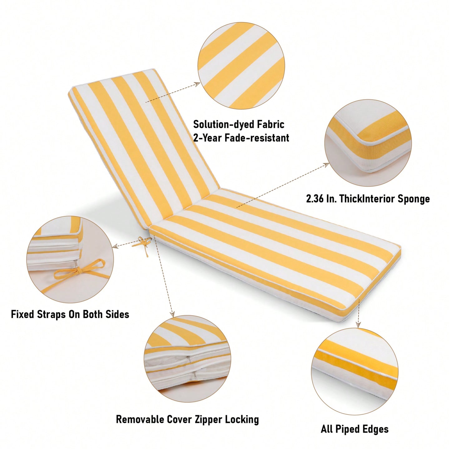 Sunshine Yellow and White Outdoor Lounge Chair Cushions 2-Piece Set for Chaise Lounges