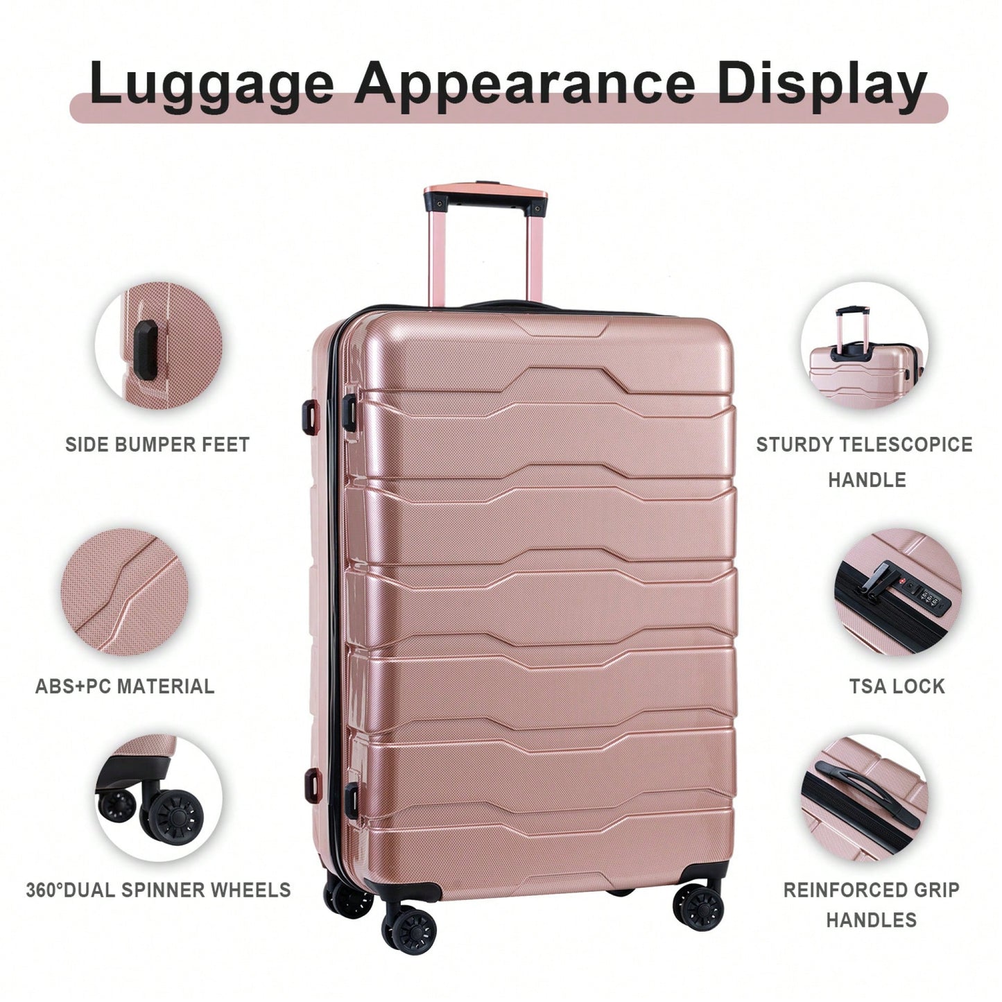 Stylish 3-Piece Lightweight Hardshell Luggage Set With Spinner Wheels And TSA Lock - Durable ABS+PC Suitcases In Rose Gold (20", 24", 28")