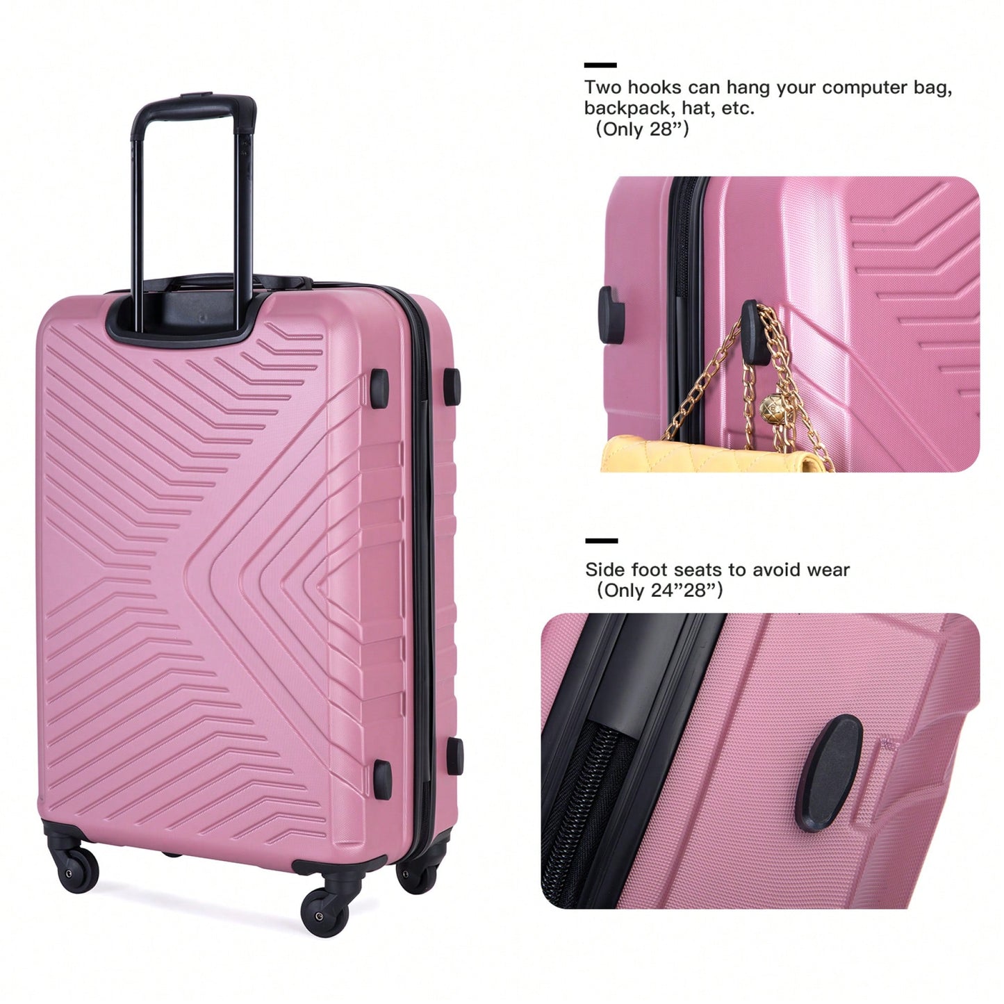 Lightweight 3-Piece ABS Luggage Set With Spinner Wheels, TSA Lock, And Hooks - Stylish Pink Suitcases (20"/24"/28")