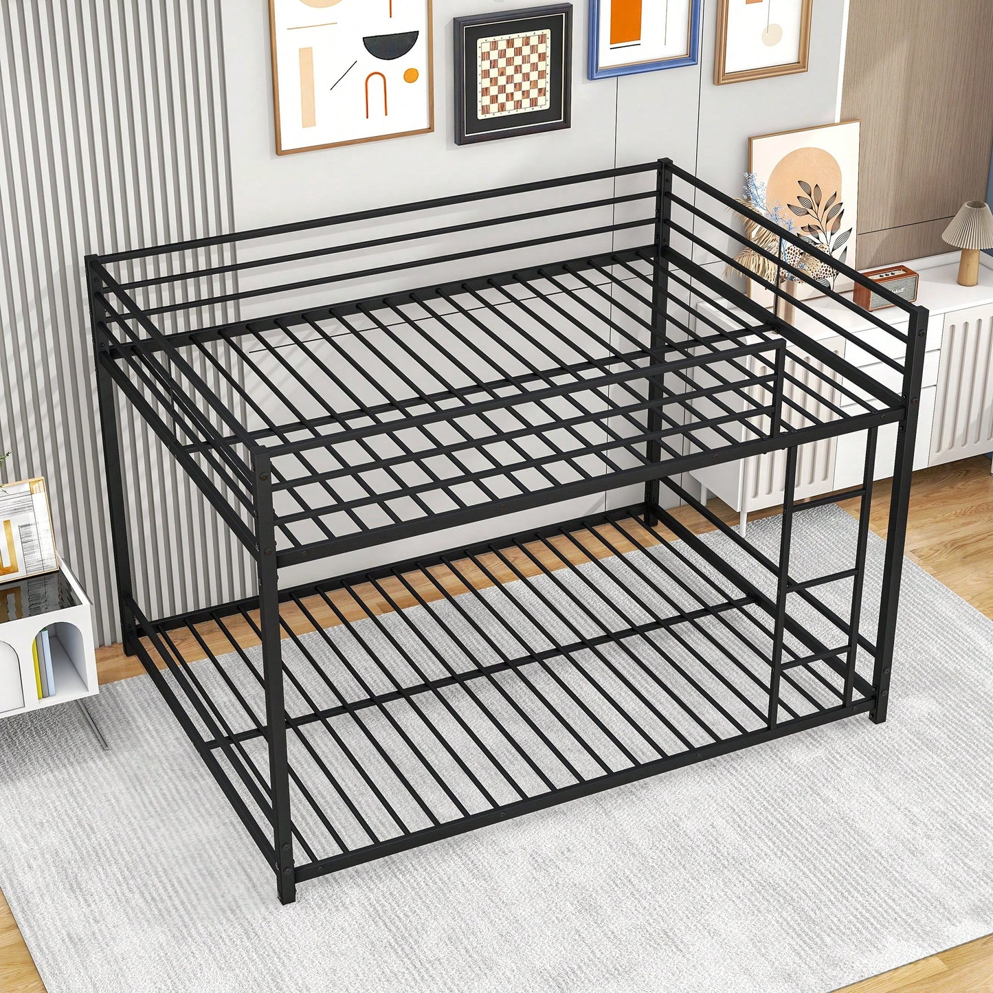 Sturdy Full Over Full Metal Bunk Bed Frame with Guard Rails Heavy Duty Space-Saving Design Easy Assembly Black Finish