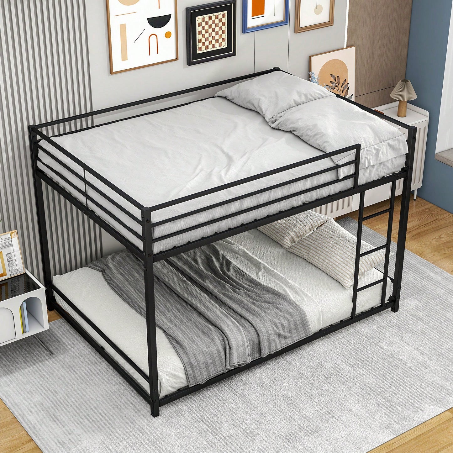 Sturdy Full Over Full Metal Bunk Bed Frame with Guard Rails Heavy Duty Space-Saving Design Easy Assembly Black Finish