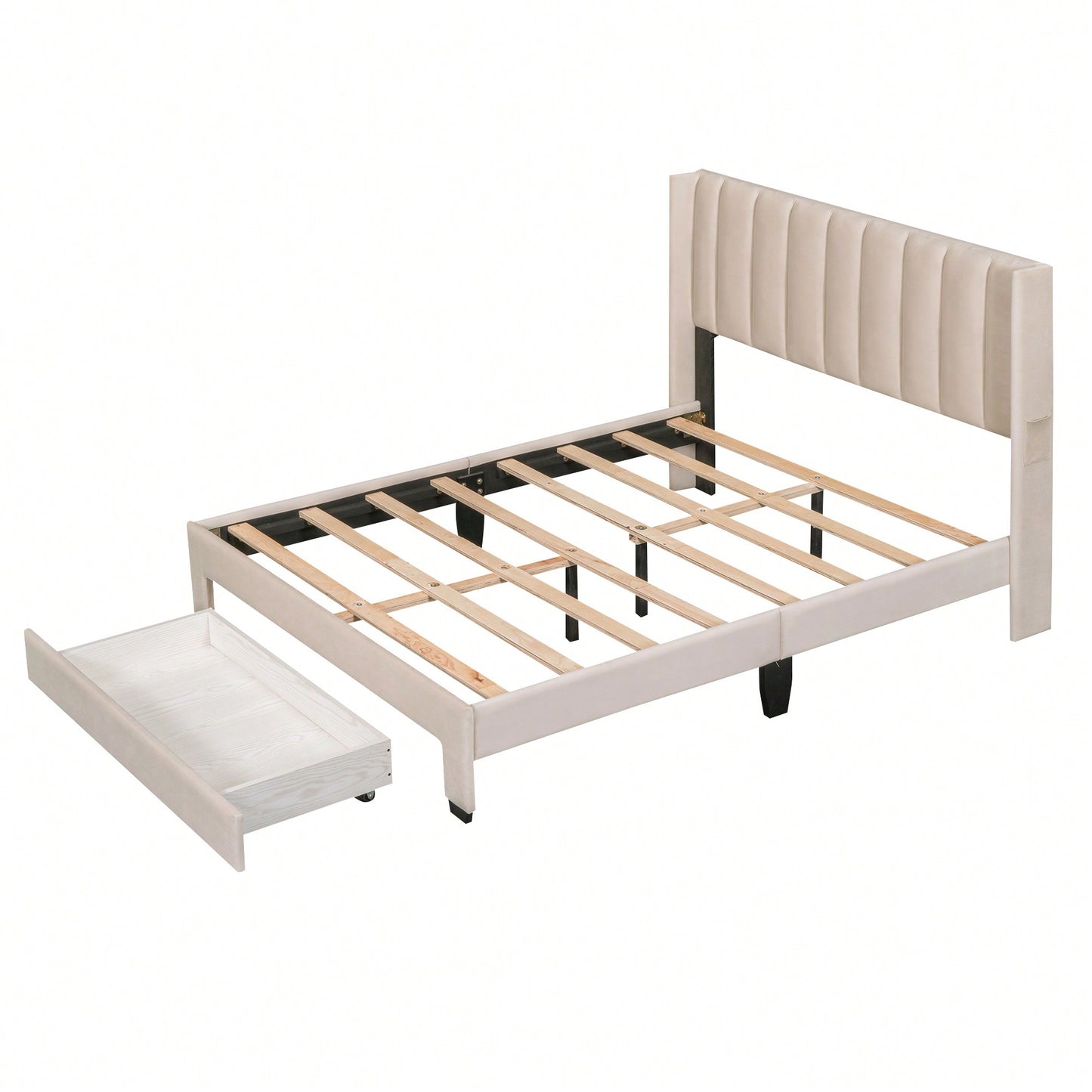 Elegant Velvet Upholstered Full Size Storage Bed With Spacious Drawer - Beige Finish