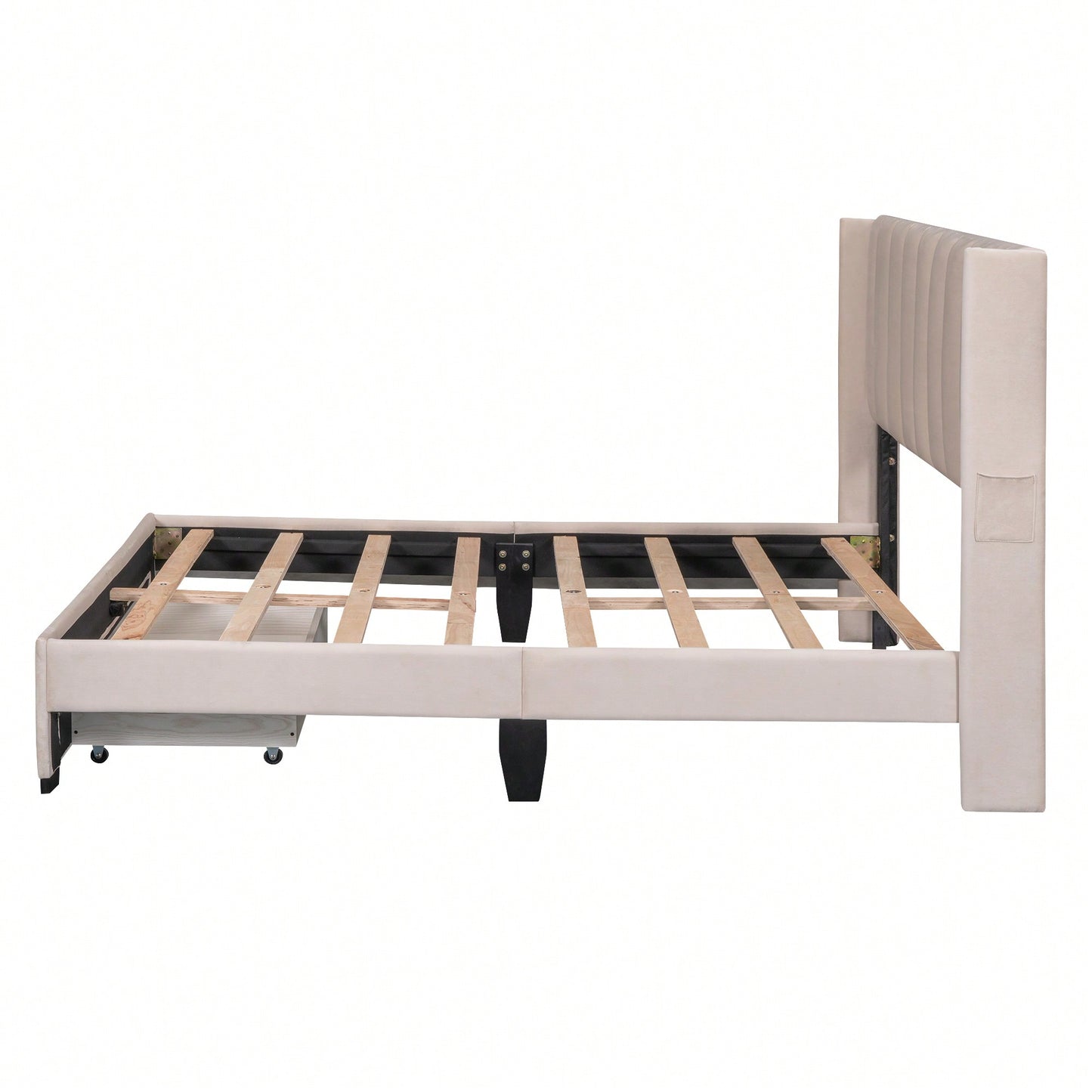 Elegant Velvet Upholstered Full Size Storage Bed With Spacious Drawer - Beige Finish