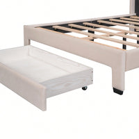 Elegant Velvet Upholstered Full Size Storage Bed With Spacious Drawer - Beige Finish