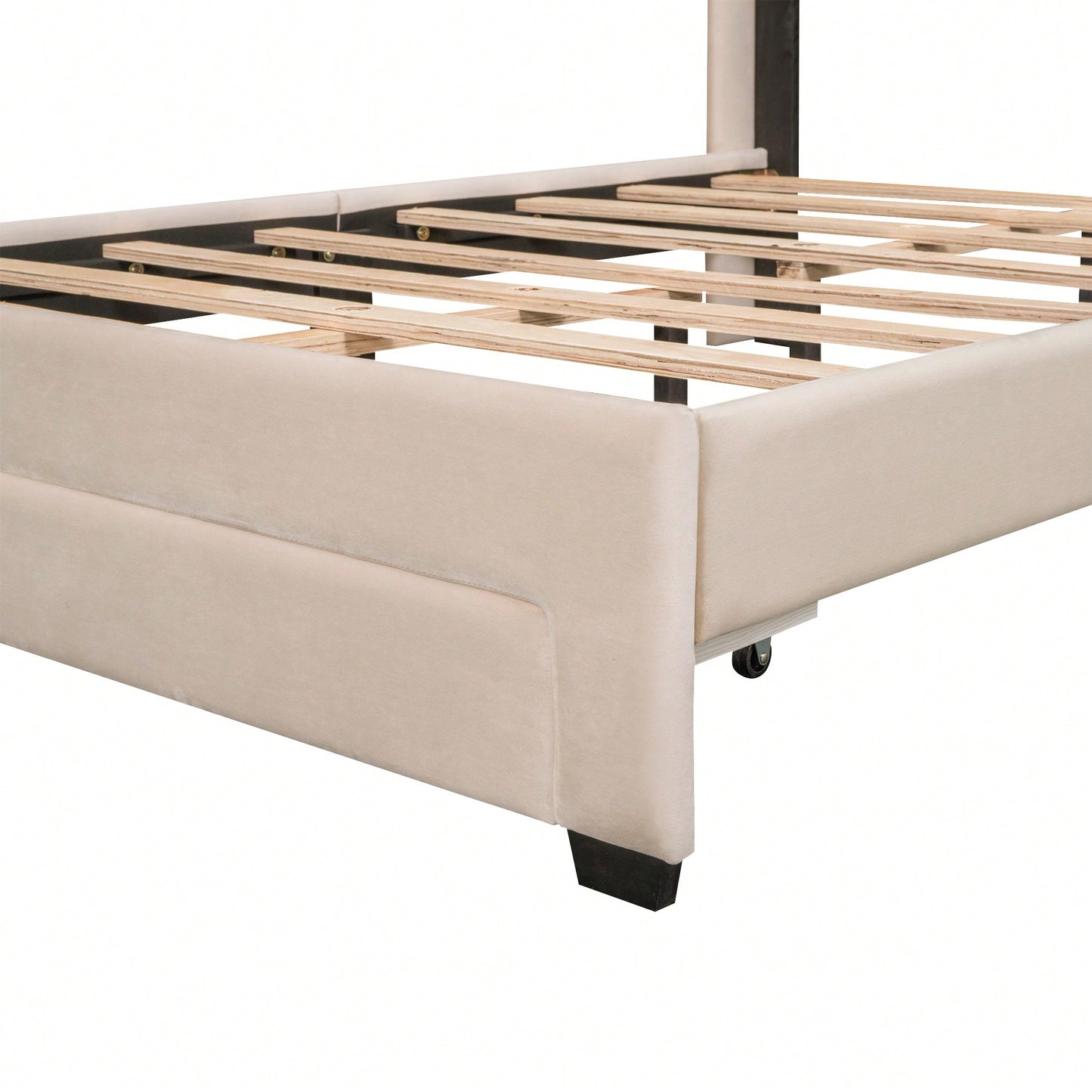 Elegant Velvet Upholstered Full Size Storage Bed With Spacious Drawer - Beige Finish