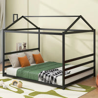 Stylish Black Metal House-Shaped Queen Platform Bed For Unique Bedroom Decor