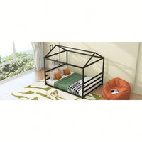 Stylish Black Metal House-Shaped Queen Platform Bed For Unique Bedroom Decor
