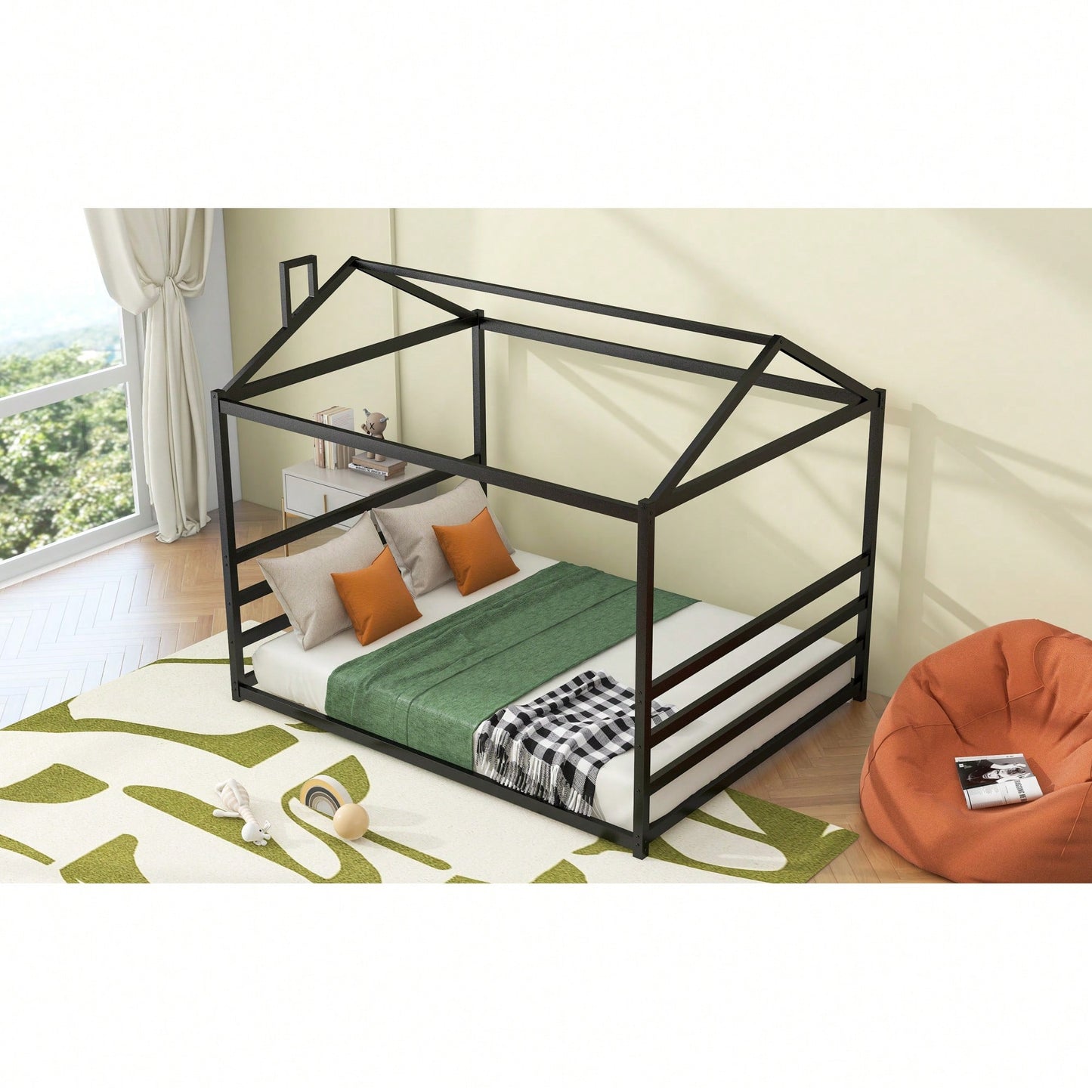 Stylish Black Metal House-Shaped Queen Platform Bed For Unique Bedroom Decor