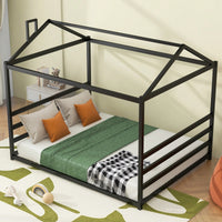 Stylish Black Metal House-Shaped Queen Platform Bed For Unique Bedroom Decor