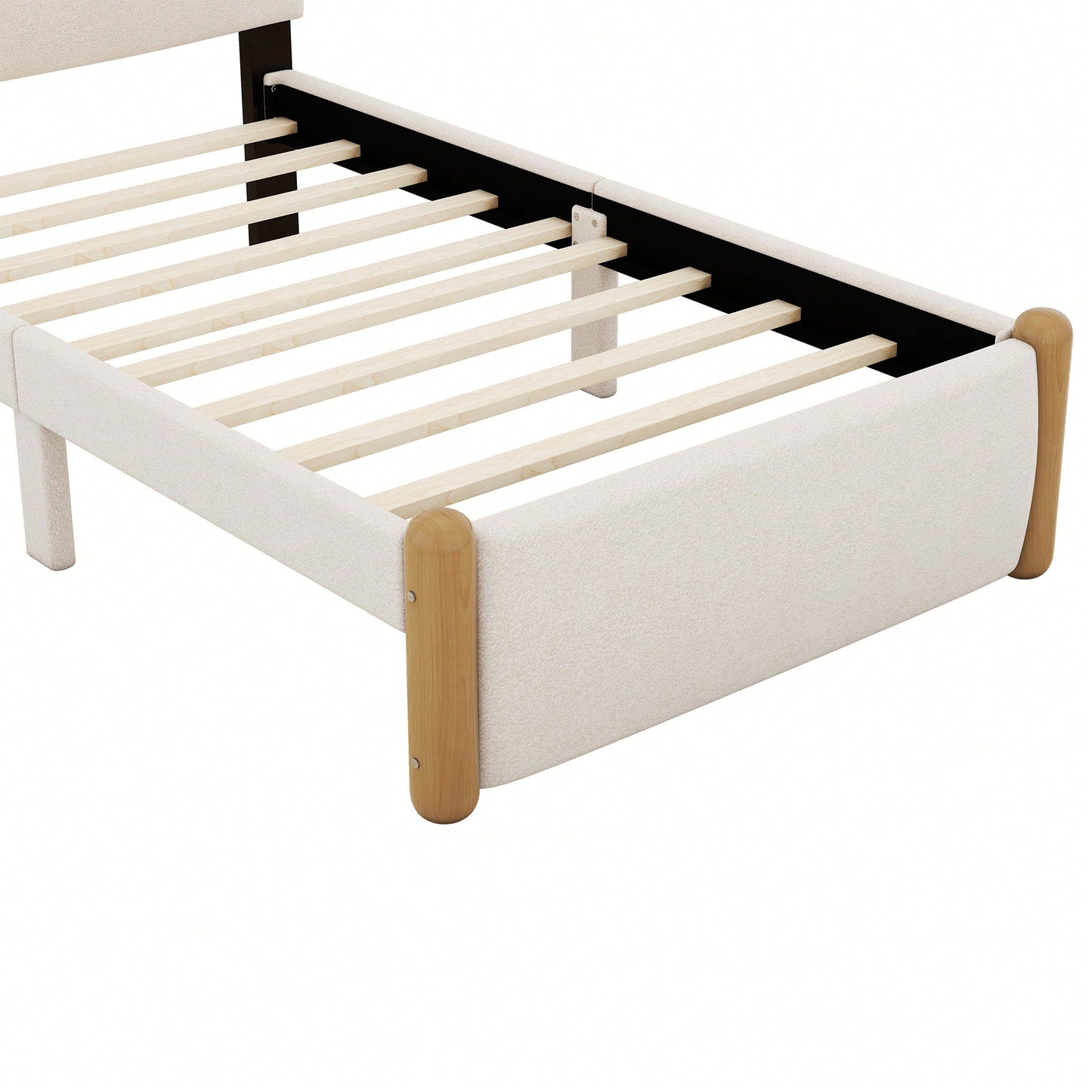 Beige Twin Size Upholstered Platform Bed With Sturdy Wooden Legs