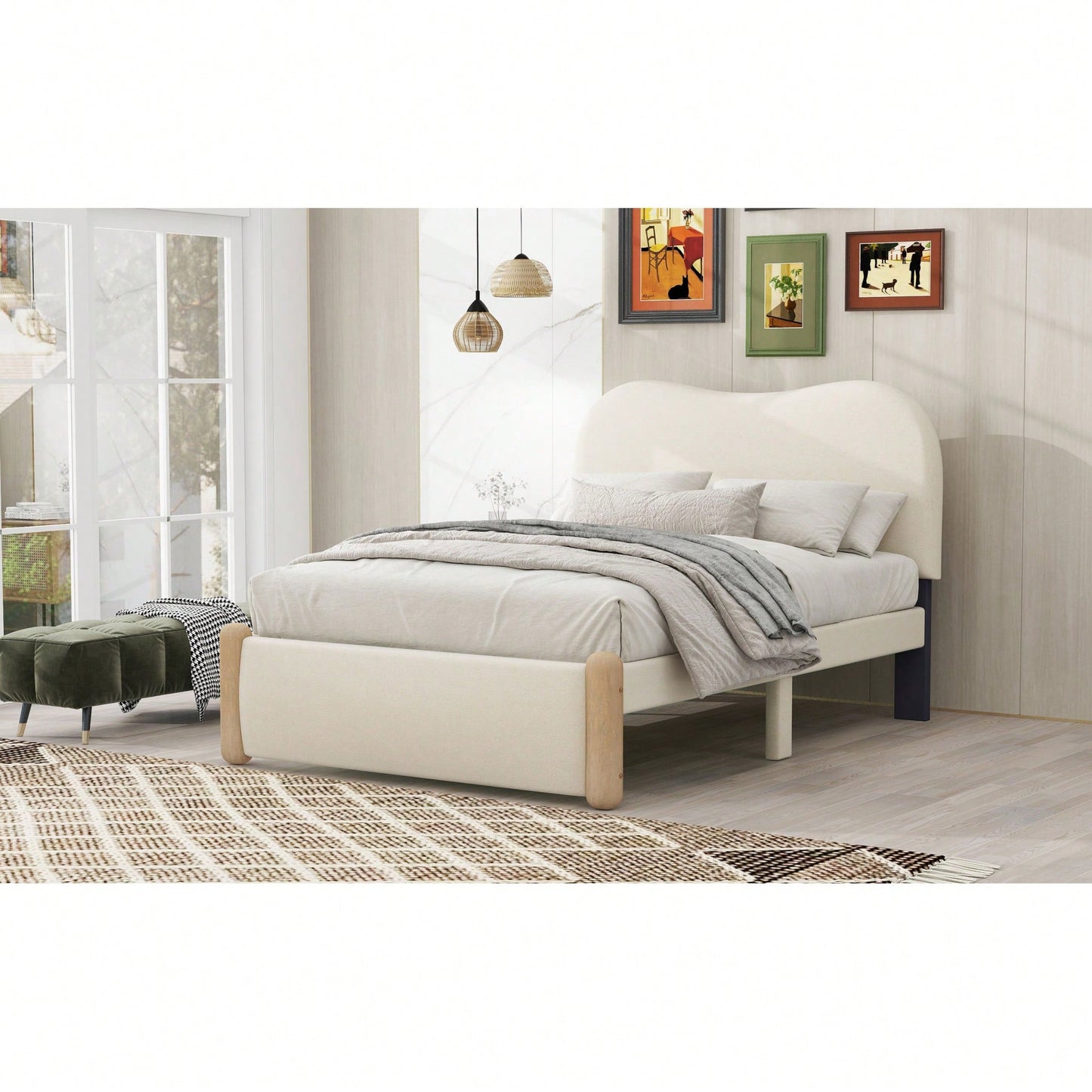 Beige Twin Size Upholstered Platform Bed With Sturdy Wooden Legs