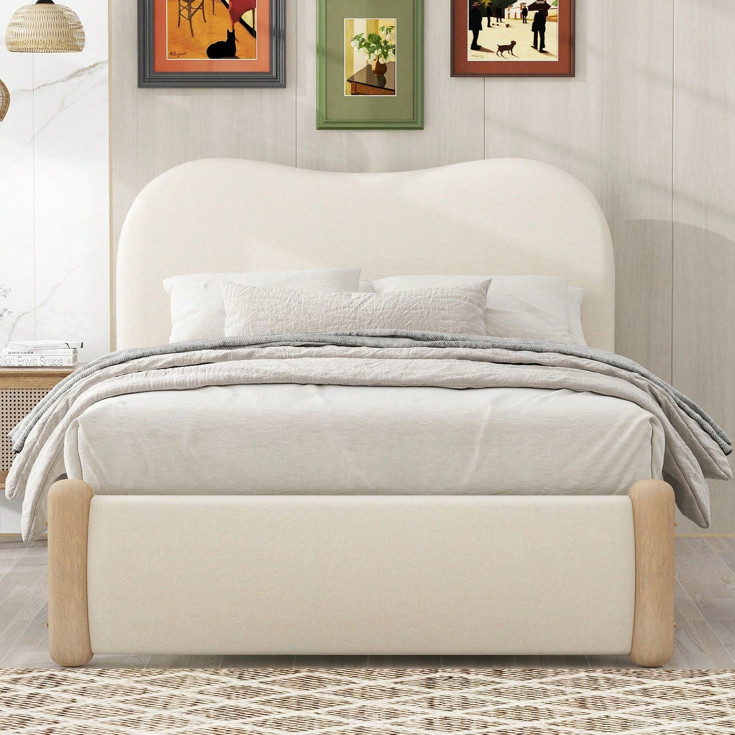 Beige Twin Size Upholstered Platform Bed With Sturdy Wooden Legs