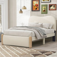 Beige Twin Size Upholstered Platform Bed With Sturdy Wooden Legs