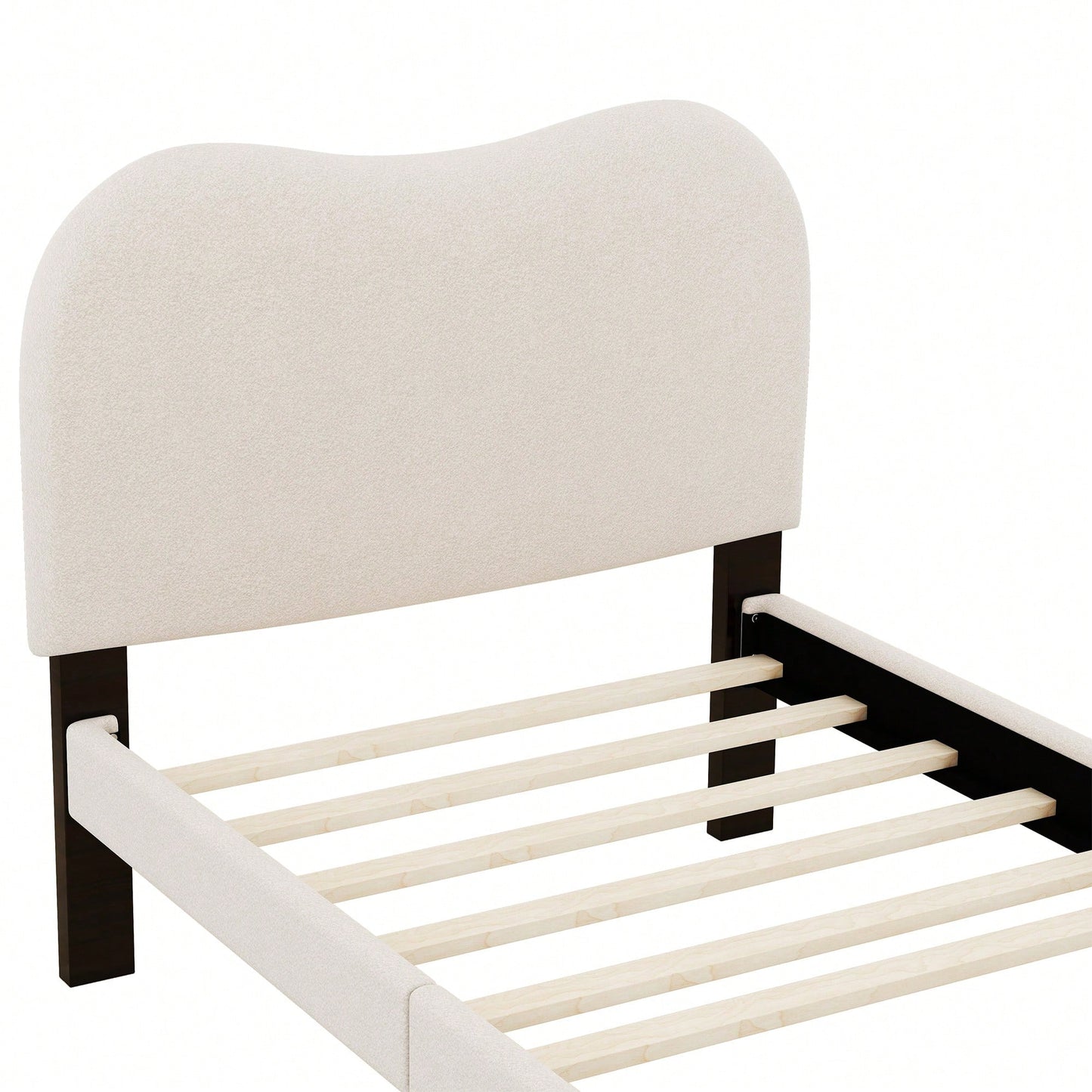Beige Twin Size Upholstered Platform Bed With Sturdy Wooden Legs