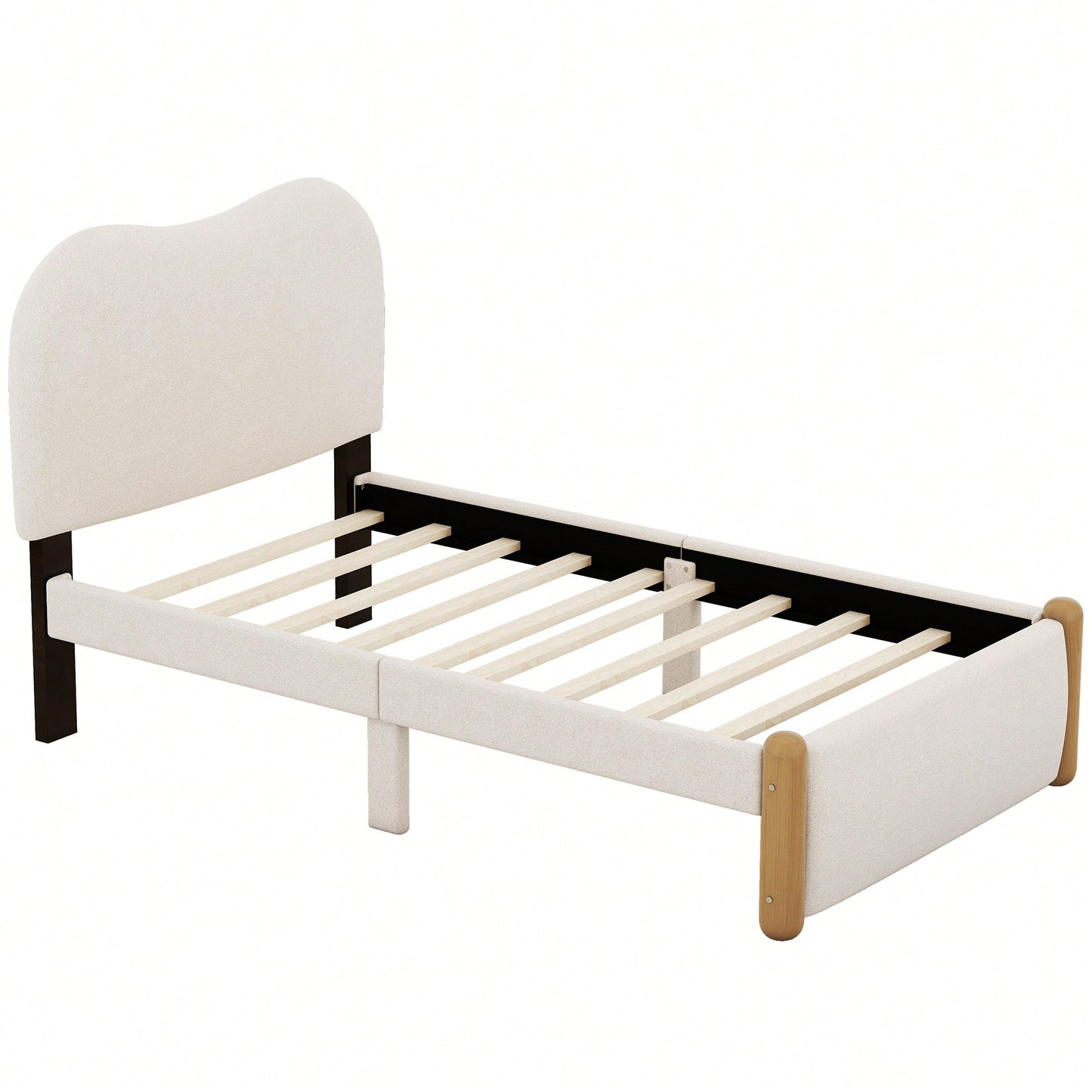 Beige Twin Size Upholstered Platform Bed With Sturdy Wooden Legs