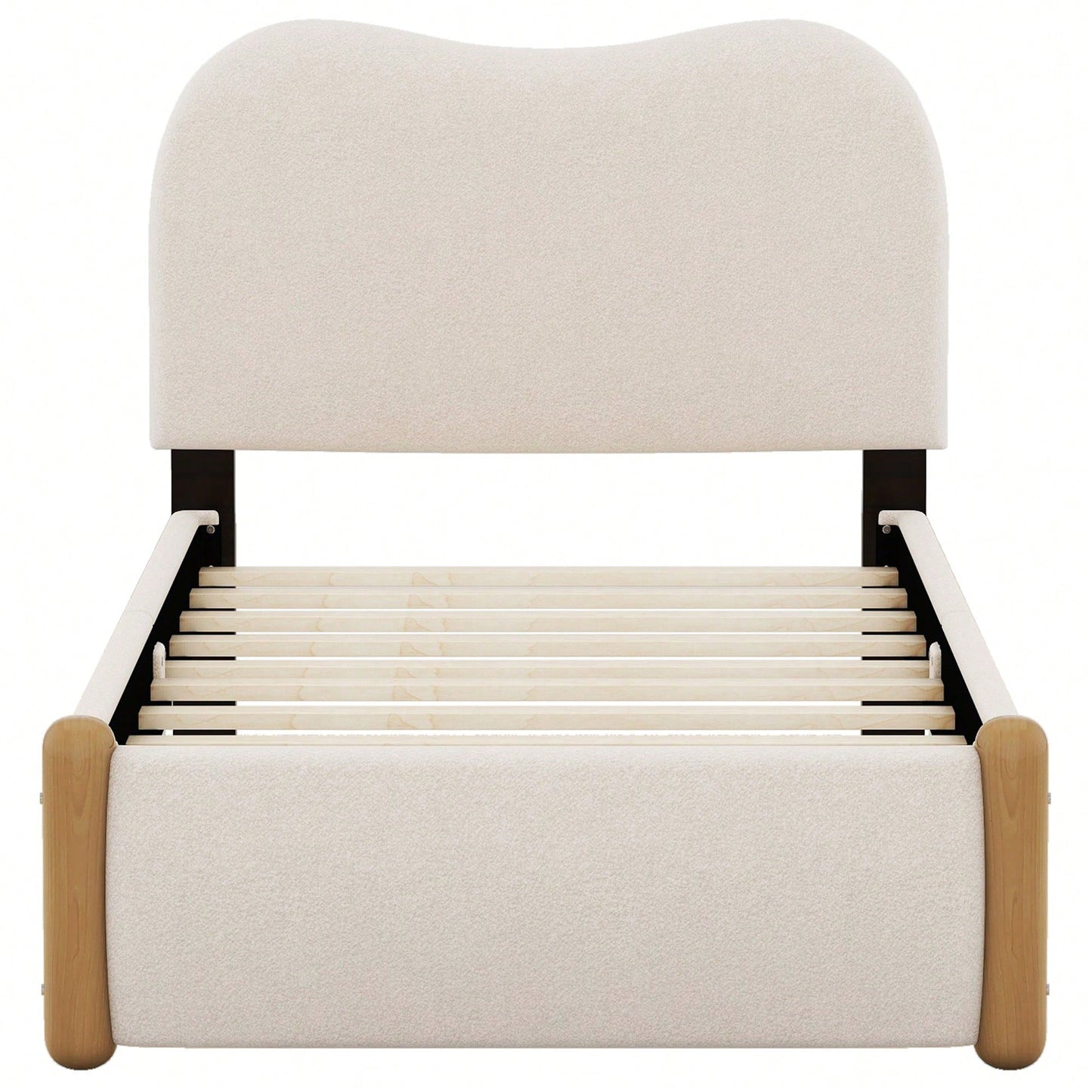Beige Twin Size Upholstered Platform Bed With Sturdy Wooden Legs