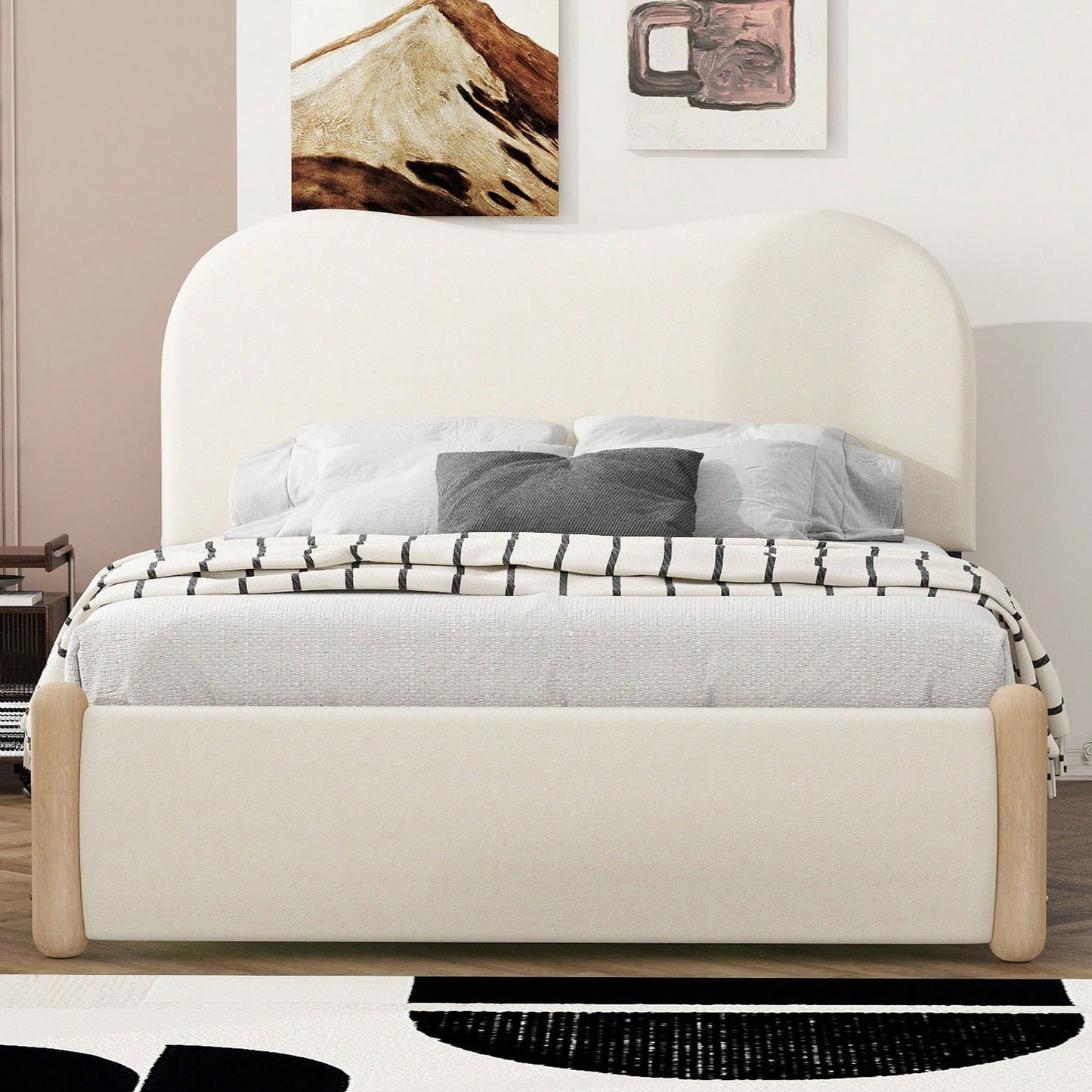 Stylish Full Size Upholstered Platform Bed With Sturdy Wood Legs In Beige Finish