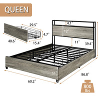 Upholstered Queen Platform Bed Frame With Storage Drawers, USB Charging Station, And Metal Slat Support - Dark Grey, No Box Spring Required