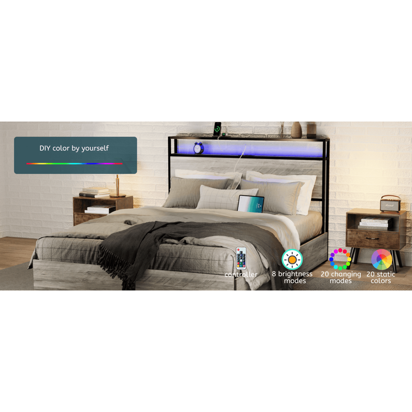 Upholstered Queen Platform Bed Frame With Storage Drawers, USB Charging Station, And Metal Slat Support - Dark Grey, No Box Spring Required