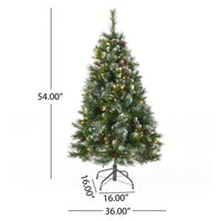 4.5' Glittering Mixed Bristle Hinged Christmas Tree With Red Berries, Pine Cones, And 200 Clear Lights - 407 Tips For Festive Elegance