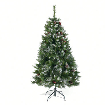 4.5' Glittering Mixed Bristle Hinged Christmas Tree With Red Berries, Pine Cones, And 200 Clear Lights - 407 Tips For Festive Elegance
