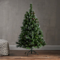 4.5' Glittering Mixed Bristle Hinged Christmas Tree With Red Berries, Pine Cones, And 200 Clear Lights - 407 Tips For Festive Elegance