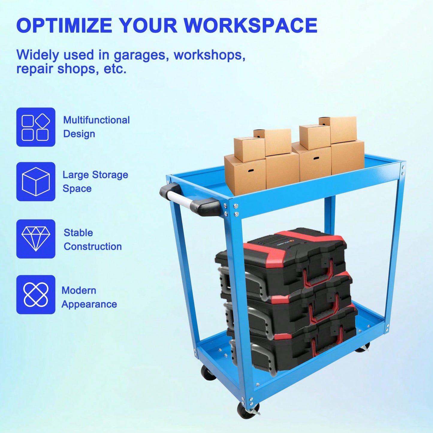 Heavy-Duty Lockable Steel Tool Cart on Wheels 400 LBS Capacity Dual Layer Blue Utility Cart for Garage Workshop Warehouse