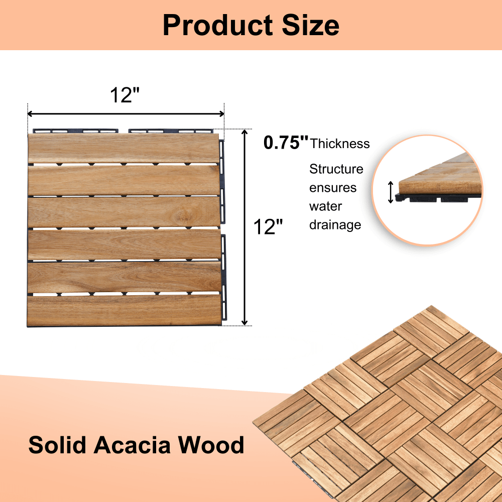 10 PCS Interlocking Striped Deck Tiles - 12" X 12" Light Gray Acacia Hardwood For Outdoor Patios, Balconies, And Pool Areas