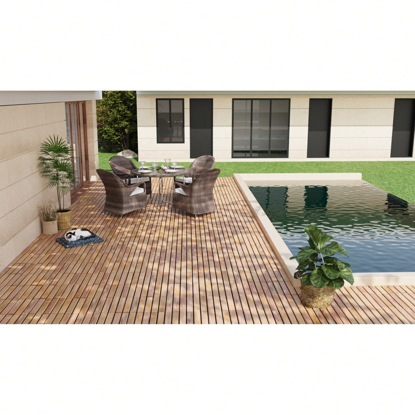 10 PCS Interlocking Striped Deck Tiles - 12" X 12" Light Gray Acacia Hardwood For Outdoor Patios, Balconies, And Pool Areas