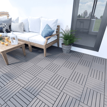 10 PCS Interlocking Striped Deck Tiles - 12" X 12" Light Gray Acacia Hardwood For Outdoor Patios, Balconies, And Pool Areas