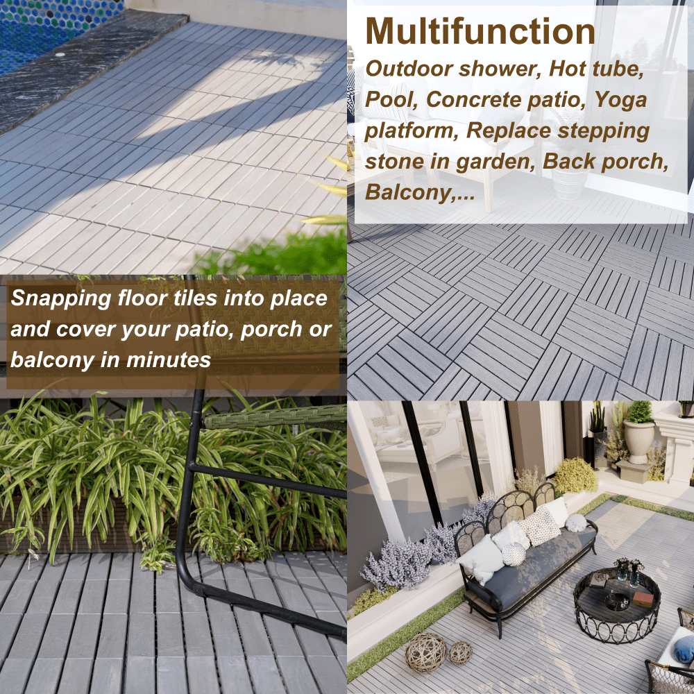 10 PCS Interlocking Striped Deck Tiles - 12" X 12" Light Gray Acacia Hardwood For Outdoor Patios, Balconies, And Pool Areas