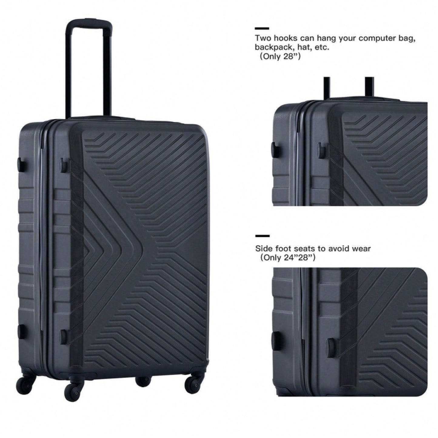 Lightweight 3-Piece ABS Luggage Set With Spinner Wheels, TSA Lock & Hooks - Gray (20/24/28)